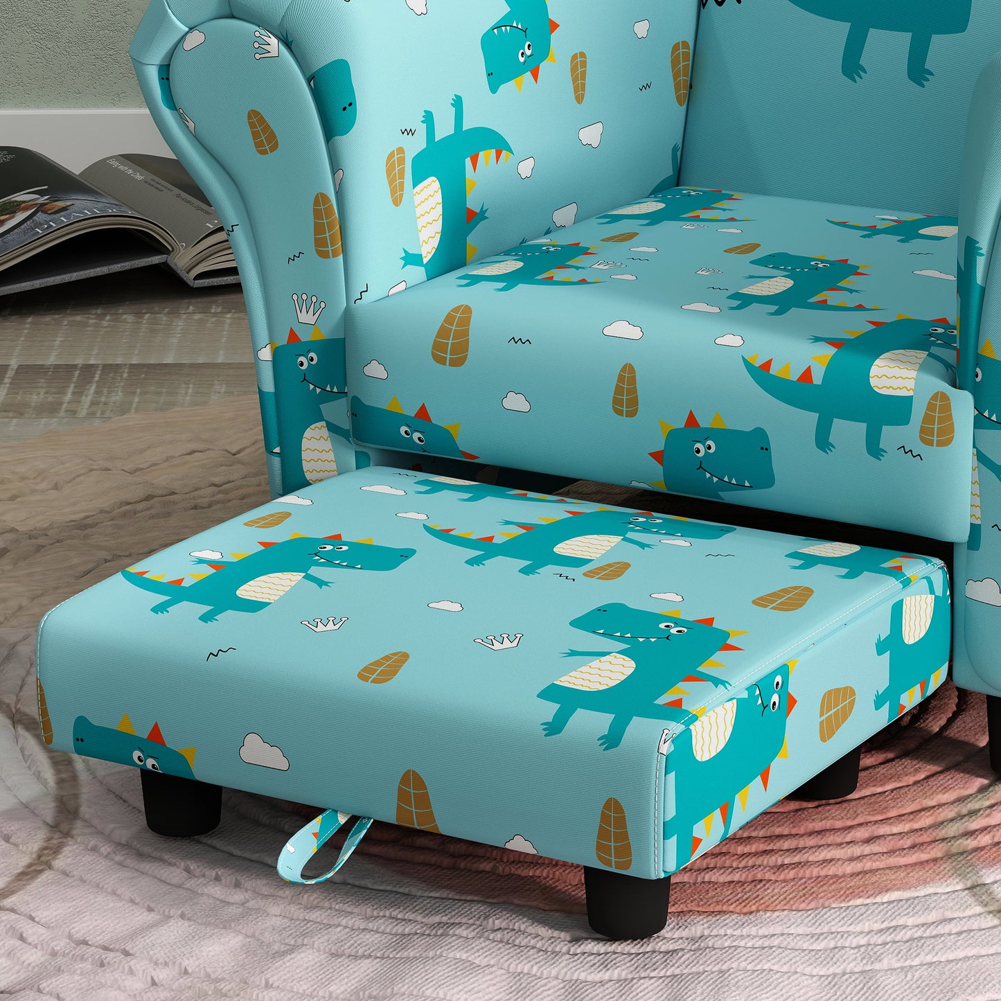 2 Piece Kids Sofa Set with Dinosaur Design, Wooden Frame, for 1.5-3 Years Old in Blue by AIYAPLAY-7