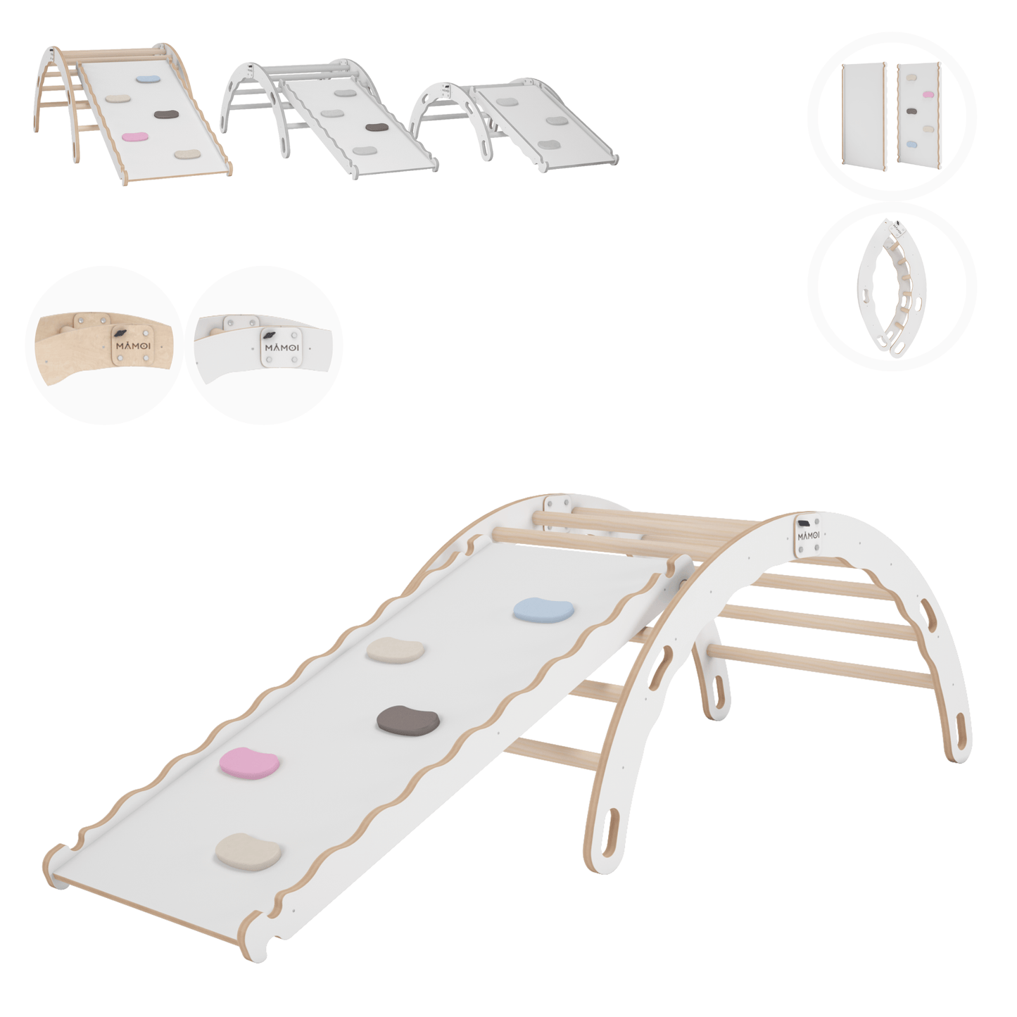 MAMOI® Indoor climbing frame 3 in 1 SET. Montessori climbing arch with cushions, indoor playground 1-3 years and slide for children.-0