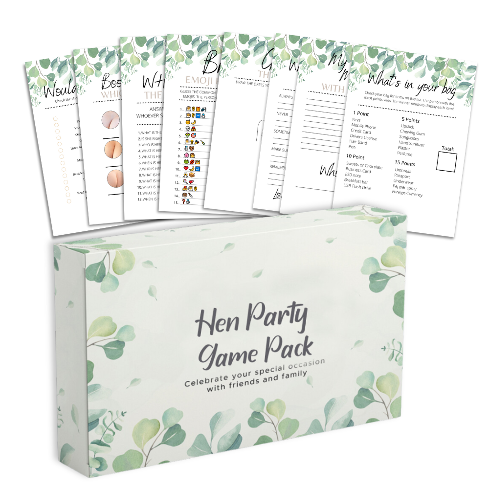 8 Hen Party Games Bundle - 80 game pack - 10, 20, 30 or 40 Guests Pack, Fun & Laughter for Bridal Event