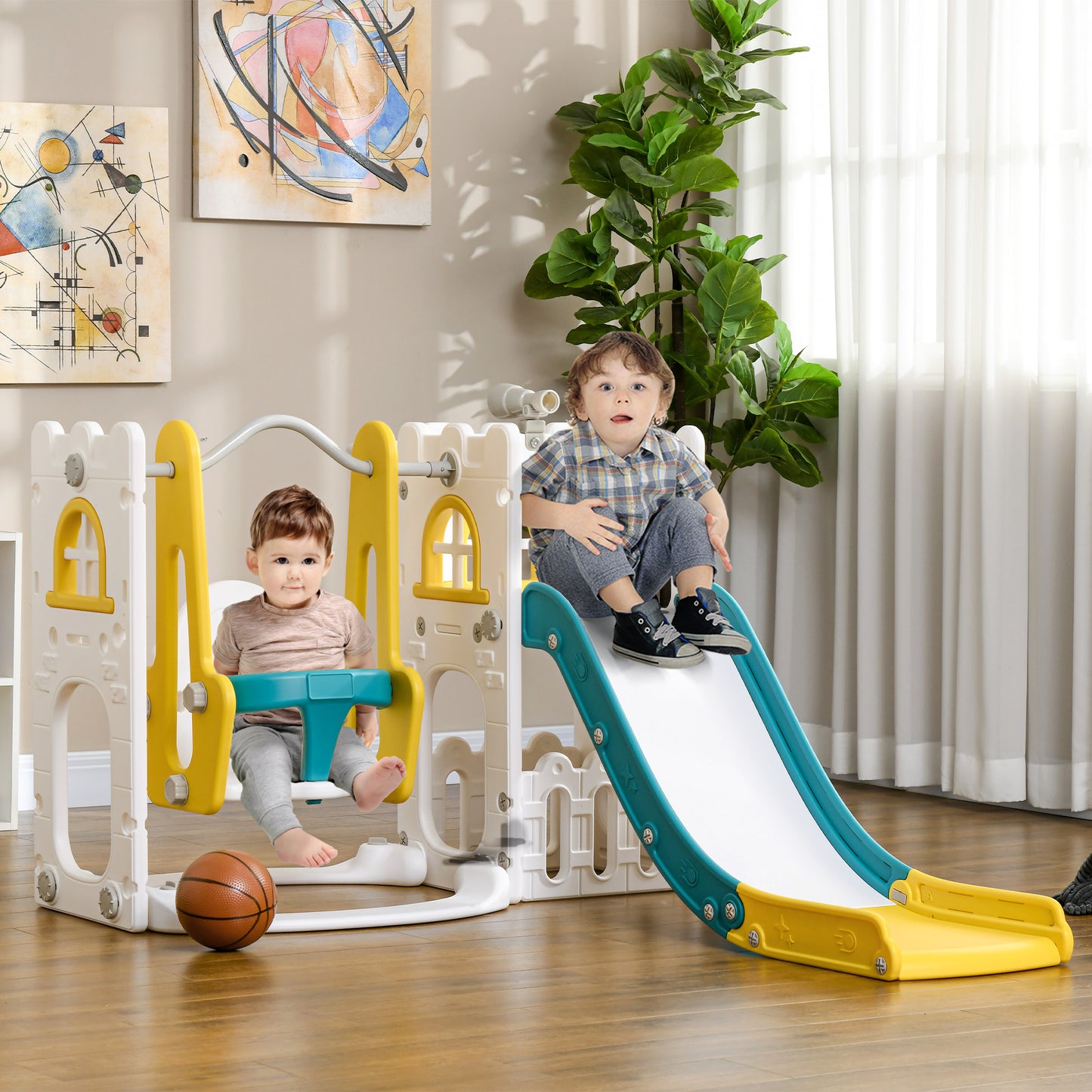AIYAPLAY 6-in-1 Swing and Slide Set, Kids Playground with Basketball Hoop, Telescope, Storage Space - Yellow-8