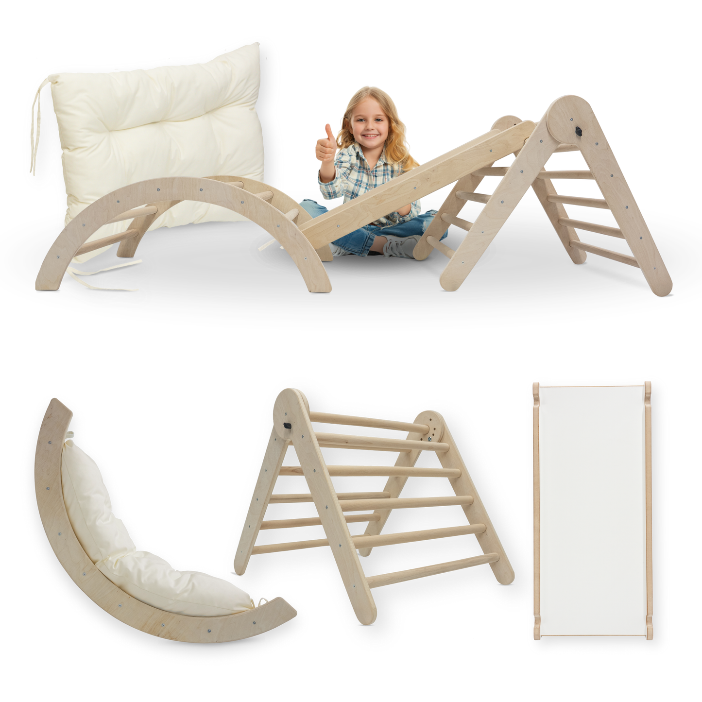 MAMOI® Climbing Frame Climbing Triangle Indoor 4 in 1 SET. Montessori climbing arch with cushions, indoor playground 1-3 years and slide for children.-0