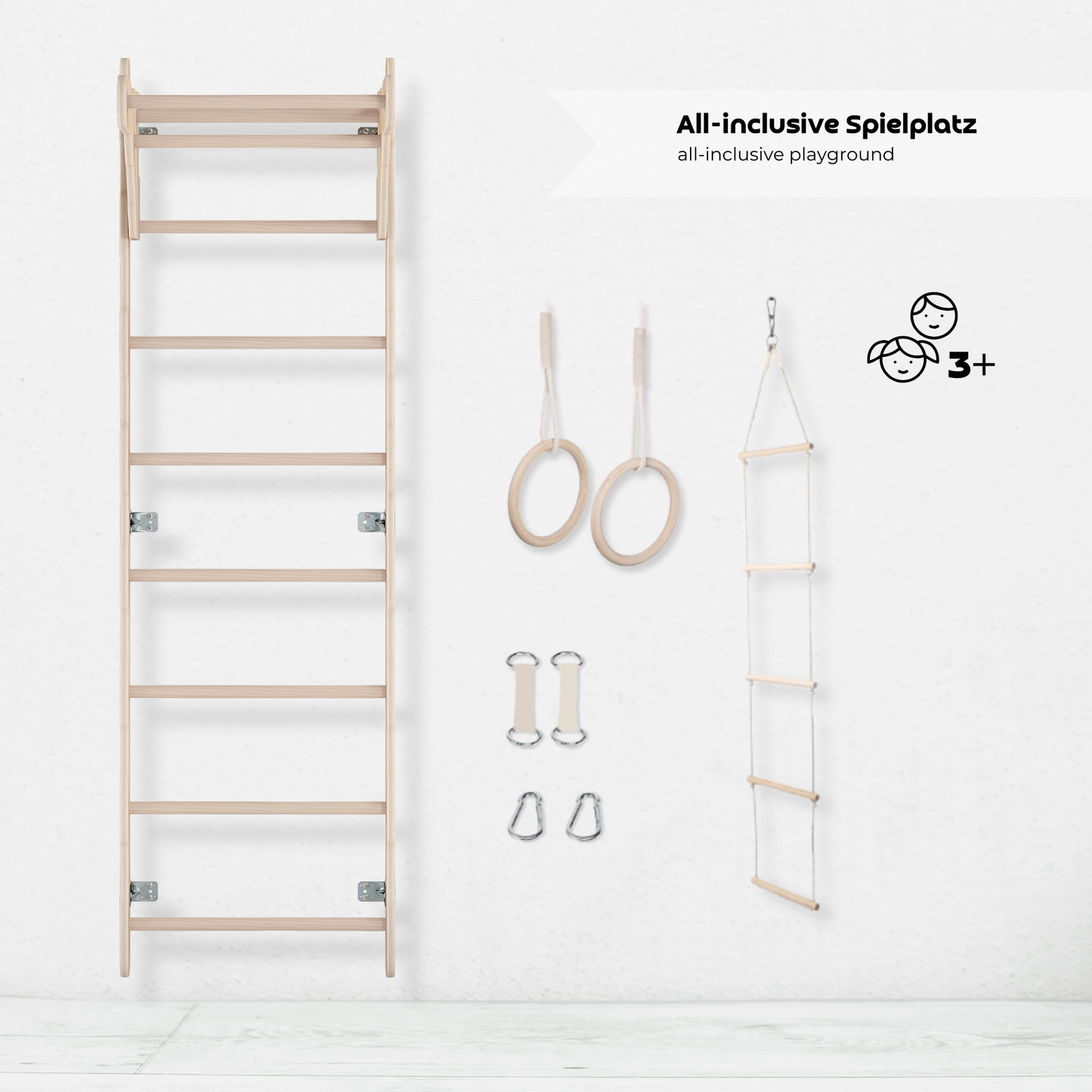 MAMOI® Children's Gymnastics Wall Bar (210 cm) | Wooden Wall-Mounted Ladder | Climbing Ladder for Kids | Gymnastic Rings | Safety Mat | Climbing Rope | 100% ECO | Made in EU-1