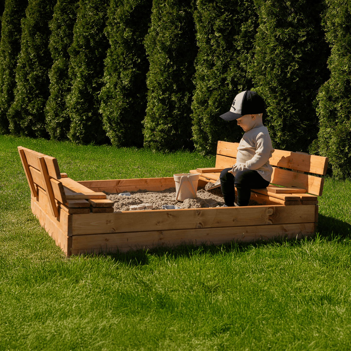 MAMOI Sandbox with cover 120x120 Sandbox Impregnated Sandbox with benches Wooden toy cover Benches 150x150-3