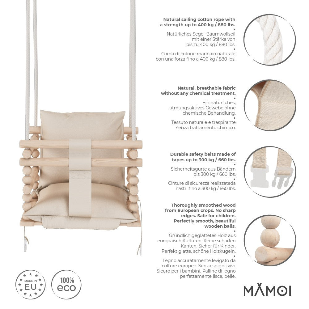 MAMOI® Baby swing Beige, Toddler sensory seat 3 in 1, Wooden door bouncer for kids, Indoor swings set, Chair from birth for toddlers age 1-3-1