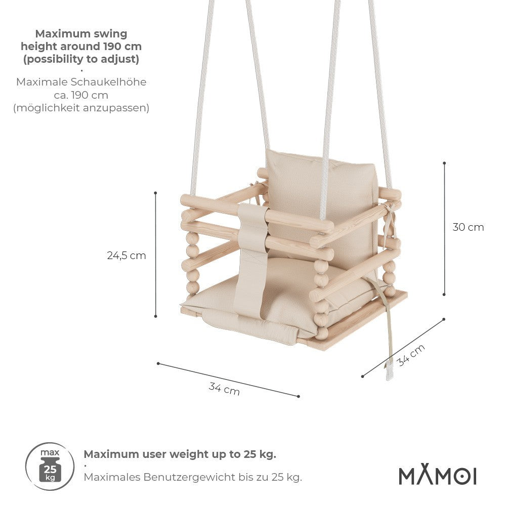 MAMOI® Baby swing Beige, Toddler sensory seat 3 in 1, Wooden door bouncer for kids, Indoor swings set, Chair from birth for toddlers age 1-3-2