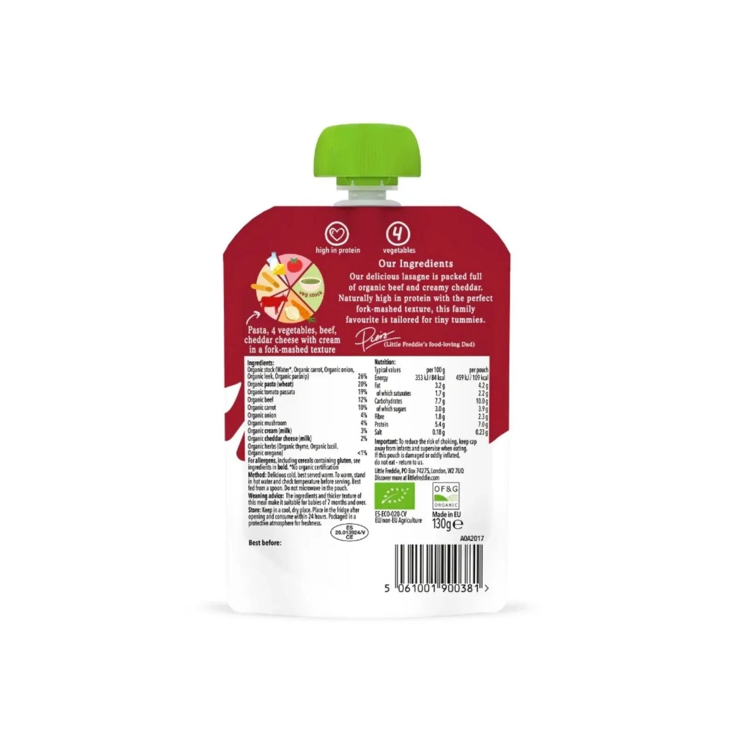Little Freddie Organic Beef Lasagne with Cheese Baby Food Pouch 7+ months 130g