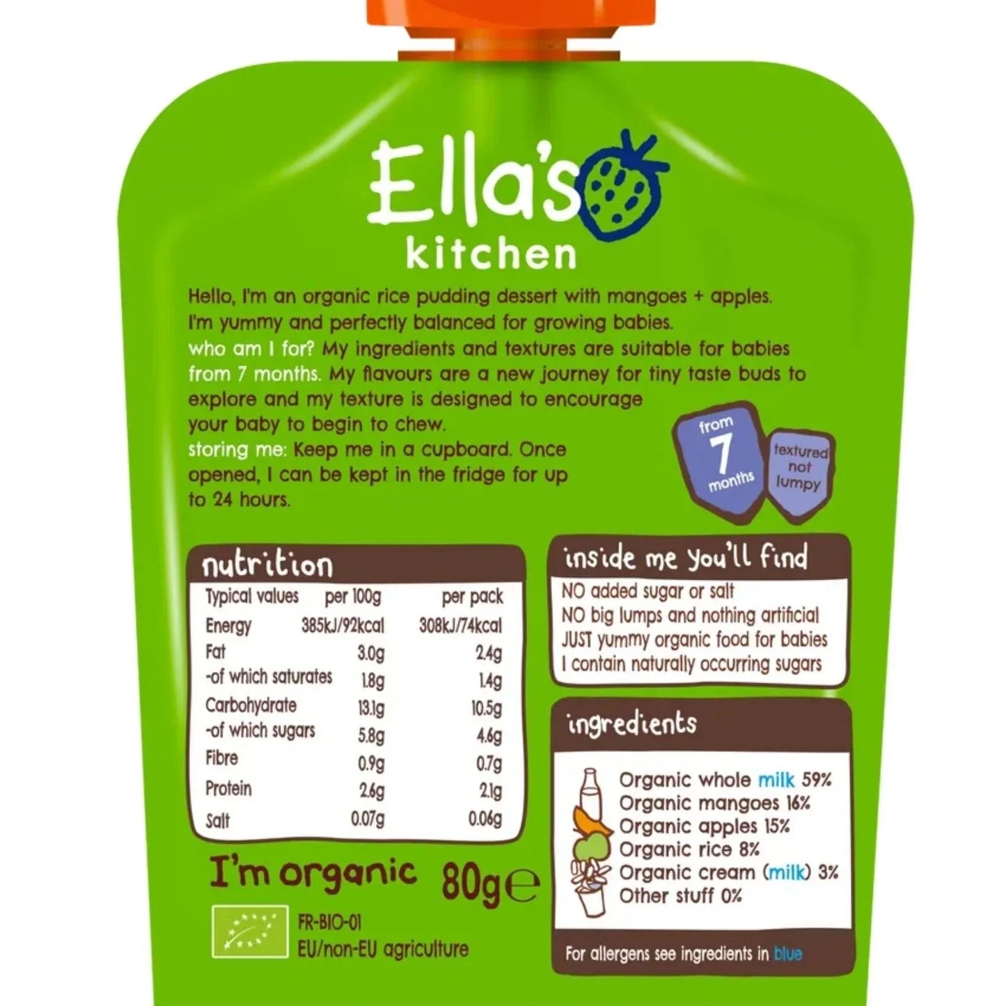 Ella's Kitchen Organic Rice Pudding with Mangoes & Apples Baby Pouch 7+ months 80g