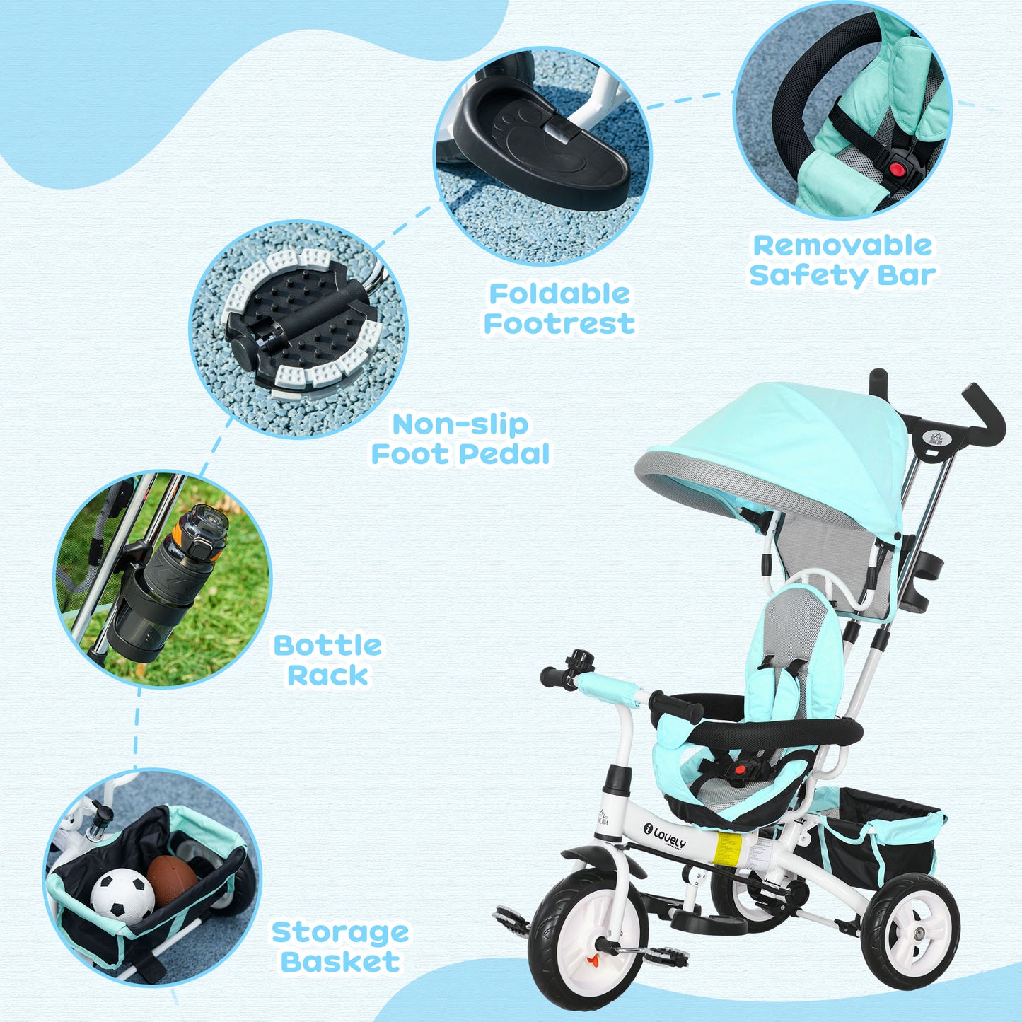 6 in 1 Kids Trike Push Bike w/ Push Handle, Canopy, 5-point Safety Belt, Storage, Footrest, Brake, for 1-5 Years, Green | HOMCOM-4