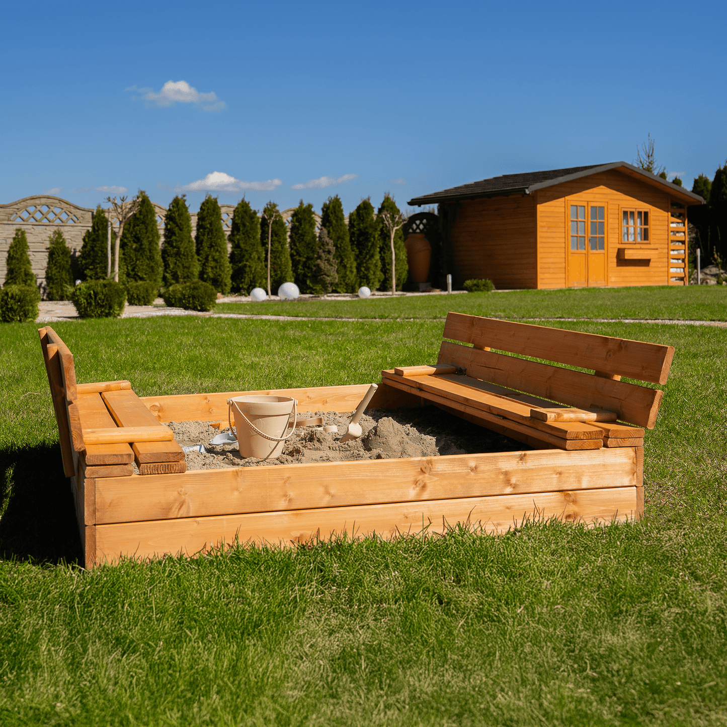 MAMOI Sandbox with cover 120x120 Sandbox Impregnated Sandbox with benches Wooden toy cover Benches 150x150-5