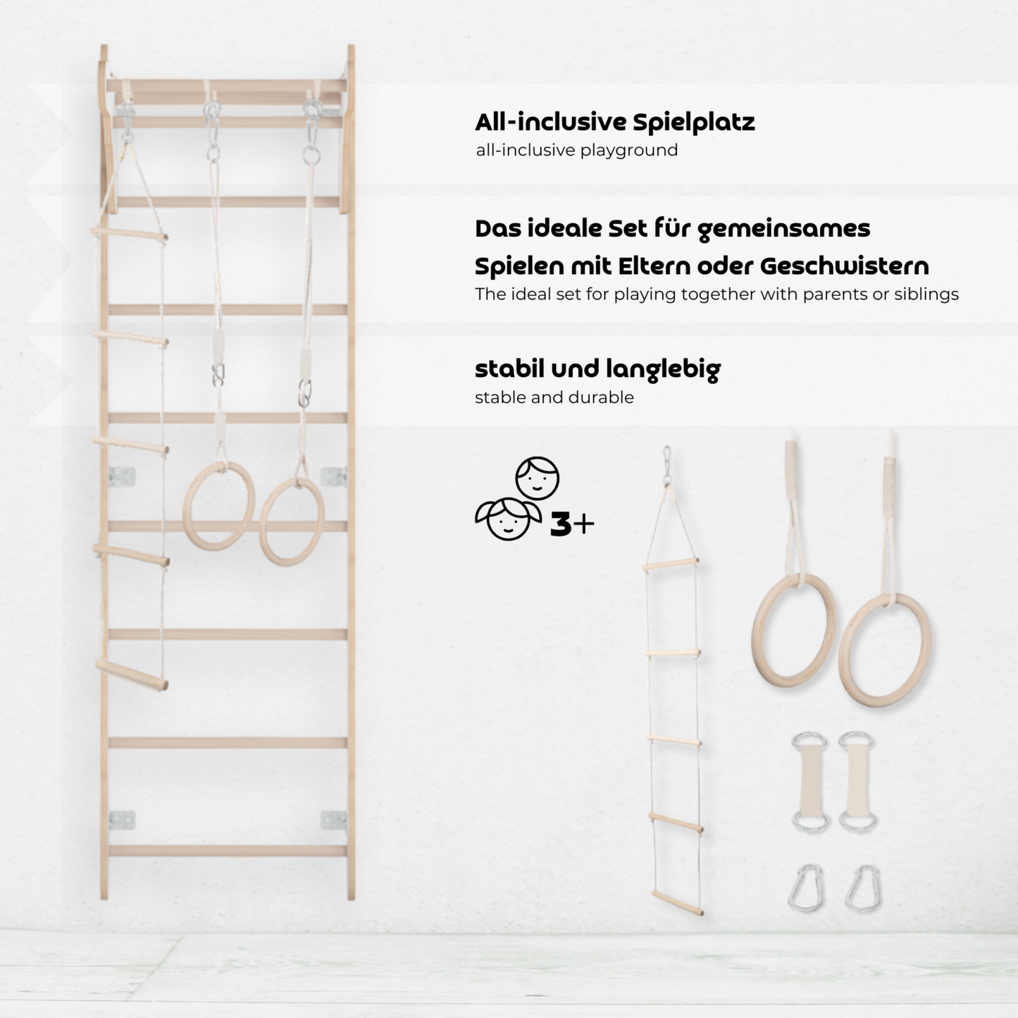 MAMOI® Children's Gymnastics Wall Bar (210 cm) | Wooden Wall-Mounted Ladder | Climbing Ladder for Kids | Gymnastic Rings | Safety Mat | Climbing Rope | 100% ECO | Made in EU-2