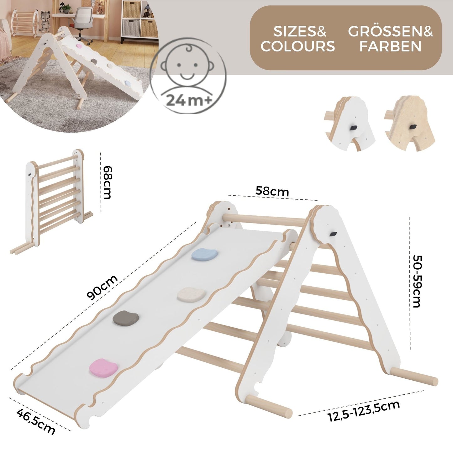 MAMOI® Indoor climbing triangle with slide for kids, Baby climbing frame, Wooden toddler gym for children outside and outdoor, Frames and slides, montessori toys for toddlers age 1-3-2