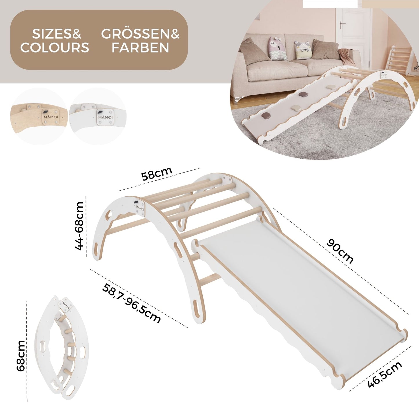 MAMOI® Indoor climbing frame for toddlers, Wooden baby gym with slide, Play gym rocker toys made of wood for toddler, Rockers montessori climbing frame age 1-3-3