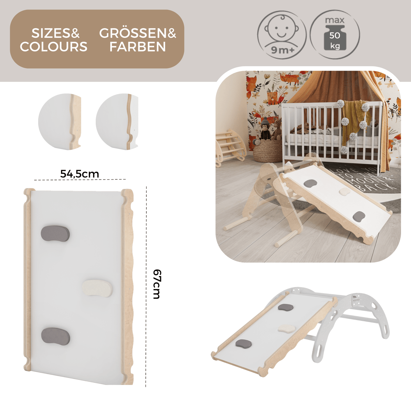 MAMOI® Wooden slide for climbing frame, Indoor baby gym accessories for kids, Small and big toddler slide for climbing triangle, Outdoor child's slides for garden, Childrens montessori toys - mezetto