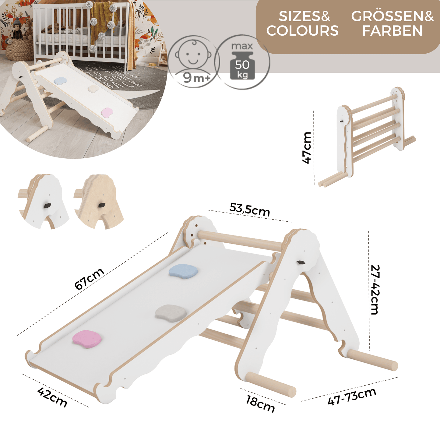 MAMOI® Indoor climbing triangle with slide for kids, Baby climbing frame, Wooden toddler gym for children outside and outdoor, Frames and slides, montessori toys for toddlers age 1-3-3