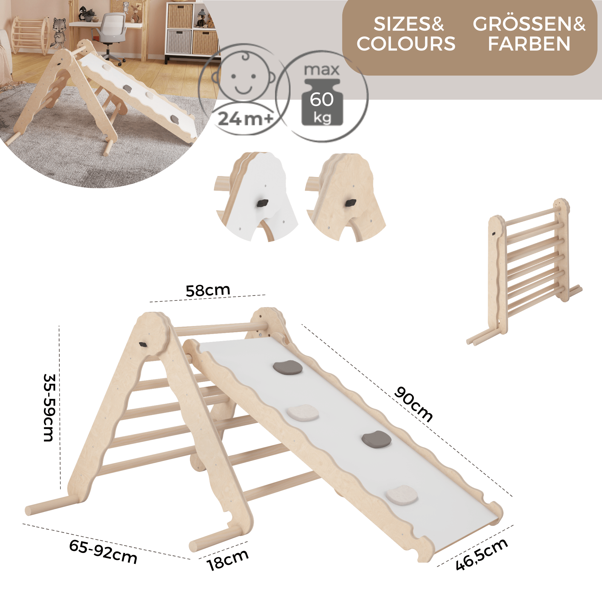 MAMOI® Indoor climbing triangle with slide for kids, Baby climbing frame, Wooden toddler gym for children outside and outdoor, Frames and slides, montessori toys for toddlers age 1-3-3