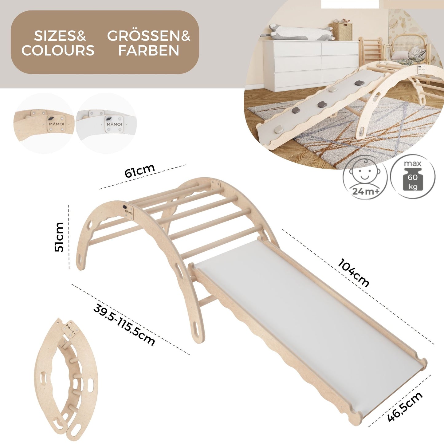 MAMOI® Indoor climbing frame for toddlers, Wooden baby gym with slide, Play gym rocker toys made of wood for toddler, Rockers montessori climbing frame age 1-3-3