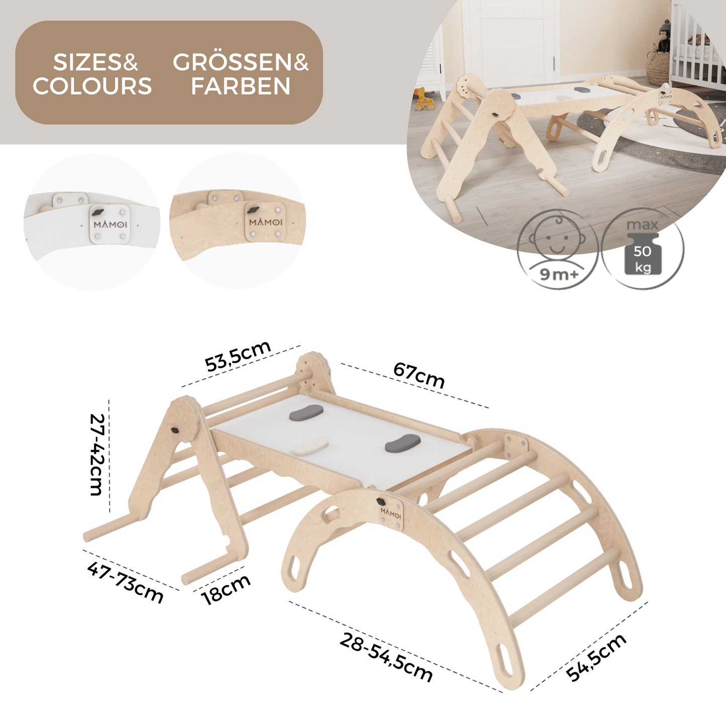 MAMOI® SET: Climbing frame, triangle and slide, Indoor wooden baby gym for toddlers, Toddler rockers, Climbers & play structures montessori from age 1-3 year old-3