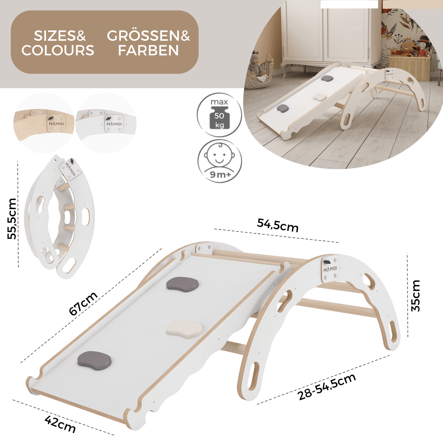 MAMOI® Indoor climbing frame for toddlers, Wooden baby gym with slide, Play gym rocker toys made of wood for toddler, Rockers montessori climbing frame age 1-3-3