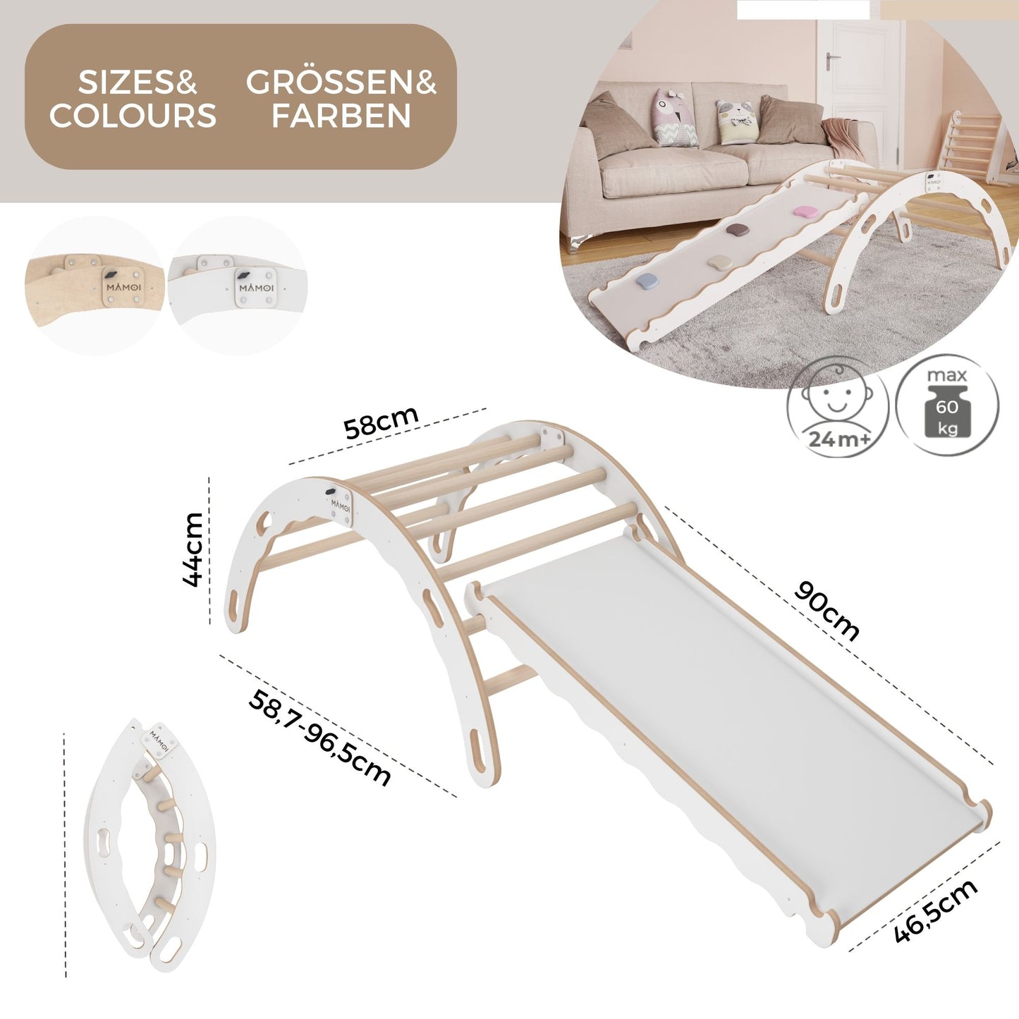 MAMOI® Indoor climbing frame for toddlers, Wooden baby gym with slide, Play gym rocker toys made of wood for toddler, Rockers montessori climbing frame age 1-3-3