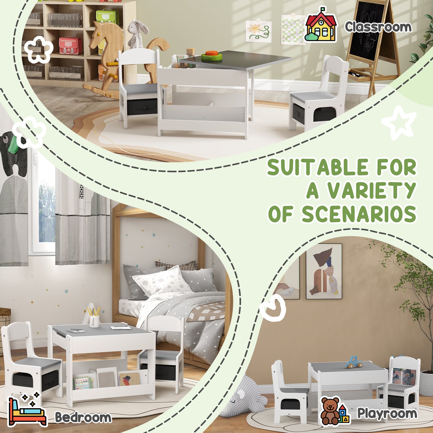 3PCs Kids Table and Chair Set with Blackboard, Storage, Bookshelves in Grey | HOMCOM-5