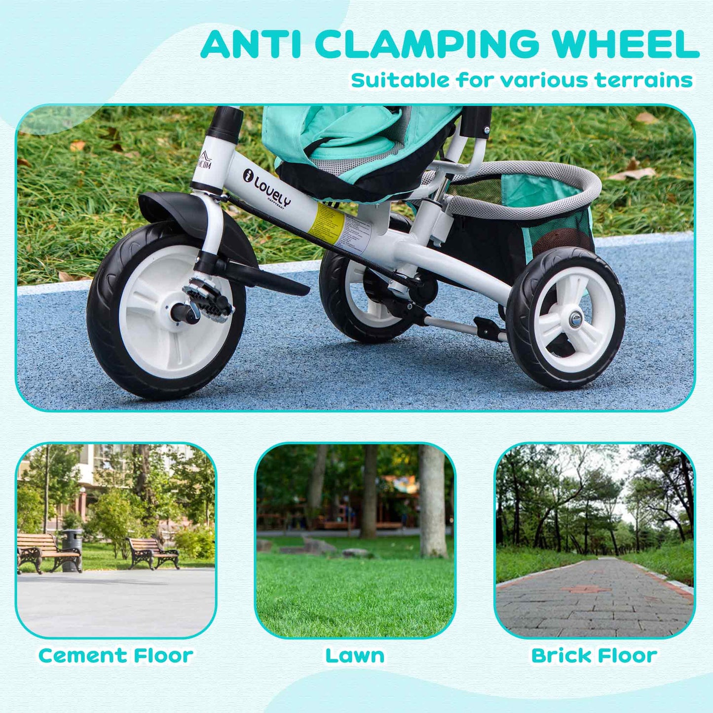 4 in 1 Kids Trike Push Bike w/ Push Handle, Canopy, 5-point Safety Belt, Storage, Footrest, Brake, for 1-5 Years, Green | HOMCOM-4