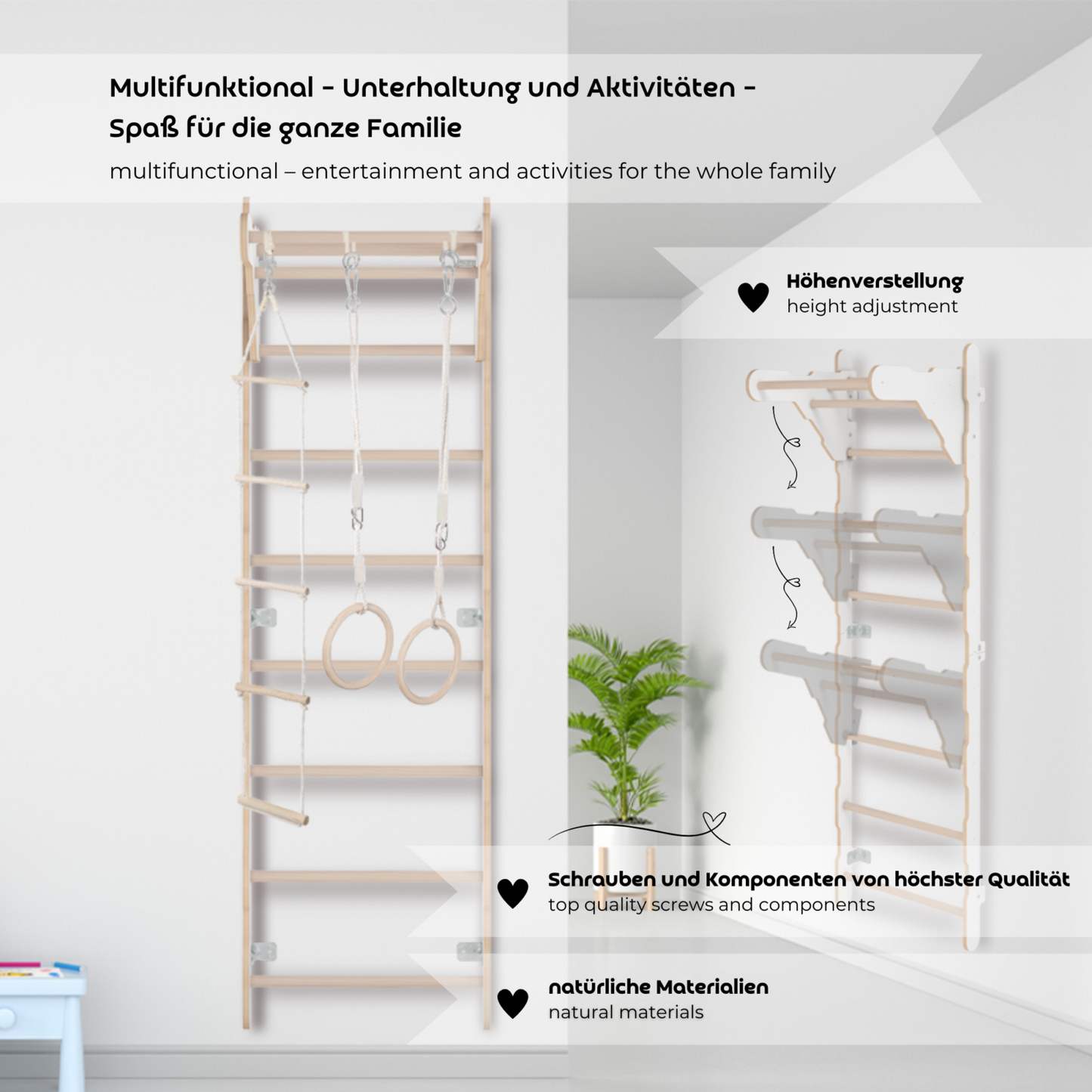 MAMOI® Children's Gymnastics Wall Bar (210 cm) | Wooden Wall-Mounted Ladder | Climbing Ladder for Kids | Gymnastic Rings | Safety Mat | Climbing Rope | 100% ECO | Made in EU-3