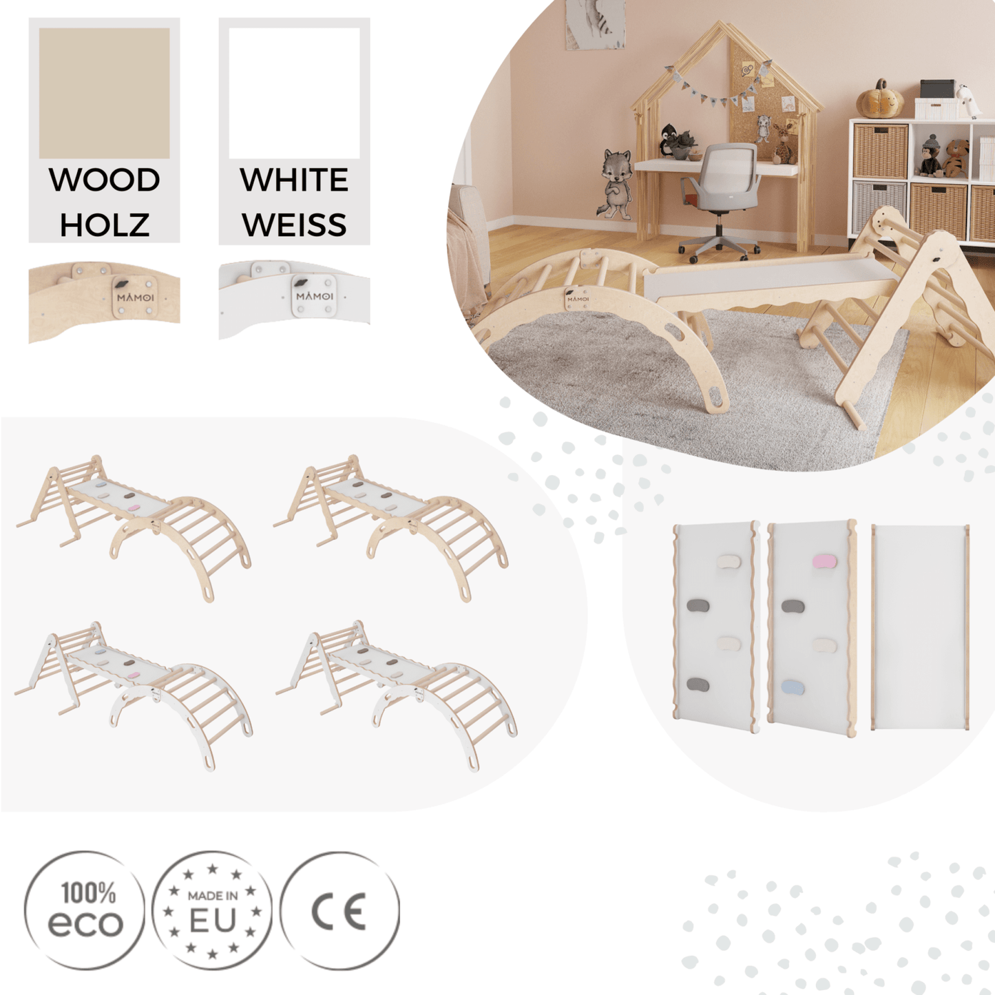 MAMOI® SET: Climbing frame, triangle and slide, Indoor wooden baby gym for toddlers, Toddler rockers, Climbers & play structures montessori from age 1-3 year old-4