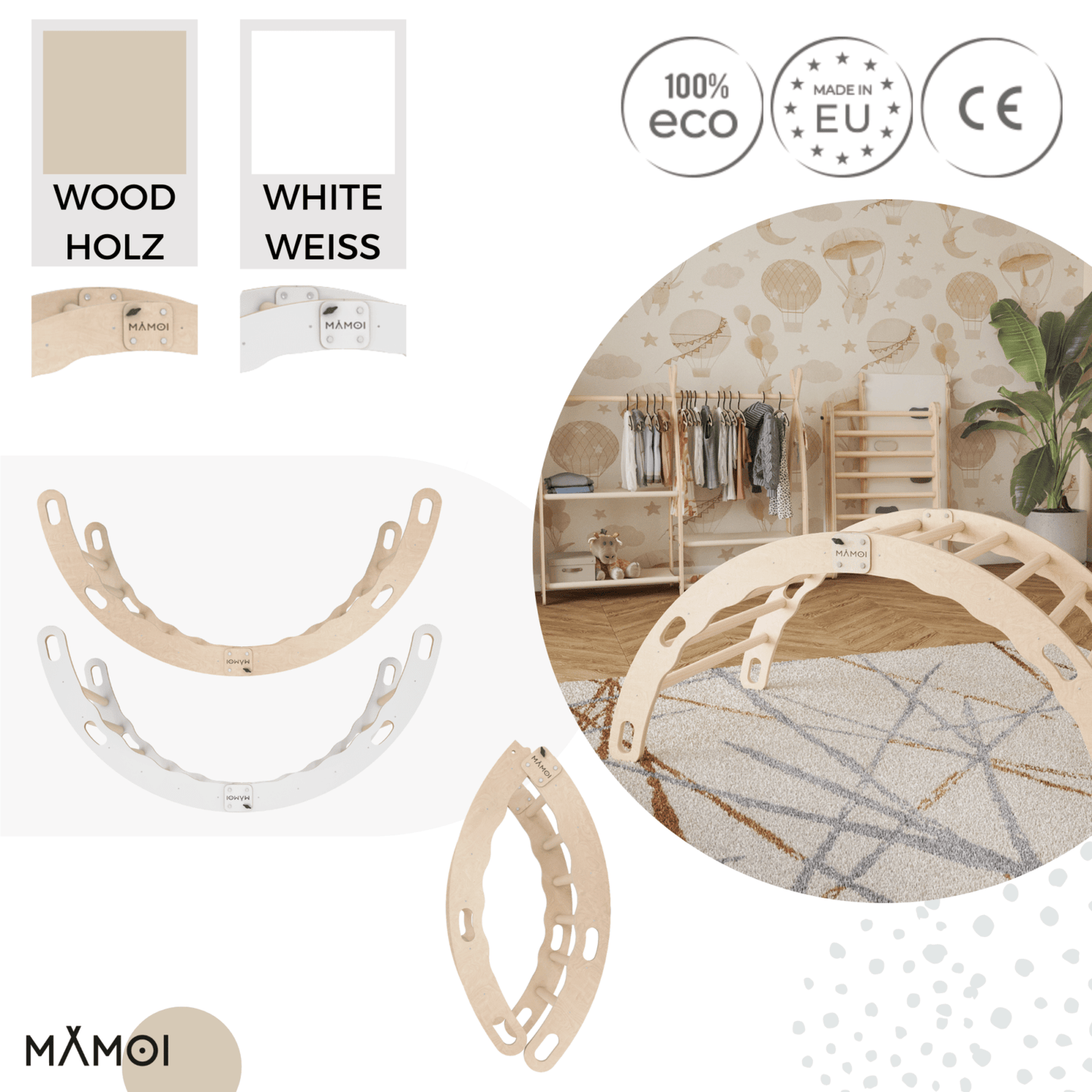 MAMOI® Indoor climbing frame for toddlers, Wooden baby gym, Play gym rocker toys made of wood for toddler, Rockers montessori climbing frame age 1-3-4