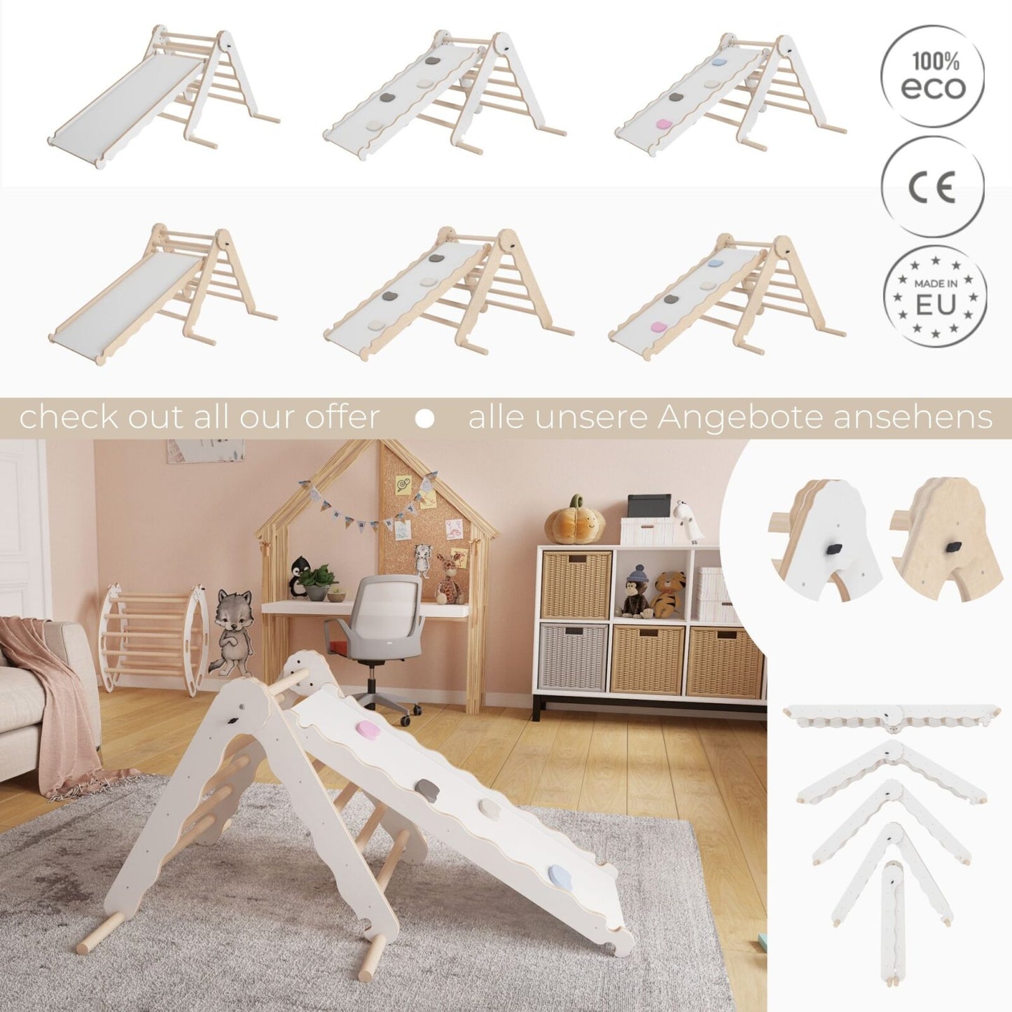 MAMOI® Indoor climbing triangle with slide for kids, Baby climbing frame, Wooden toddler gym for children outside and outdoor, Frames and slides, montessori toys for toddlers age 1-3-3