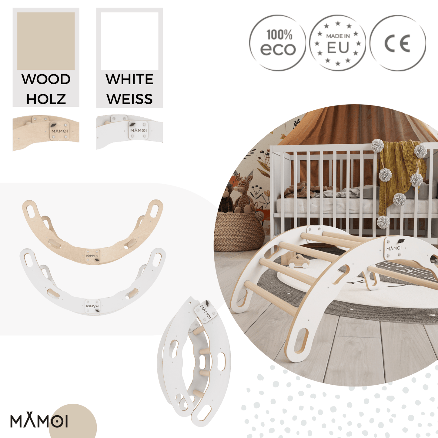 MAMOI® Indoor climbing frame for toddlers, Wooden baby gym, Play gym rocker toys made of wood for toddler, Rockers montessori climbing frame age 1-3-4