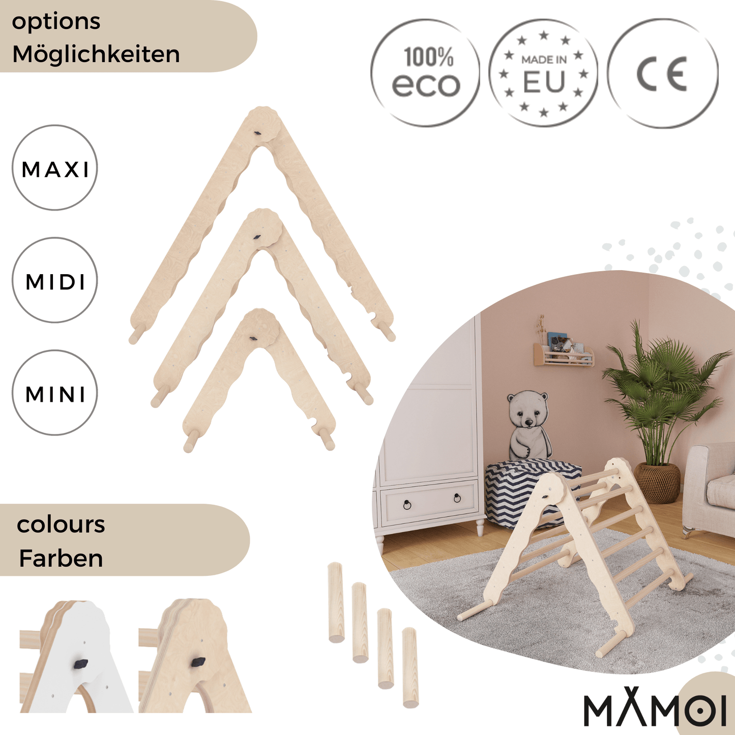 MAMOI® Indoor climbing triangle for kids, Baby climbing frame, Wooden toddler gym for children outside and outdoor, Frames montessori toys for toddlers age 1-3-4