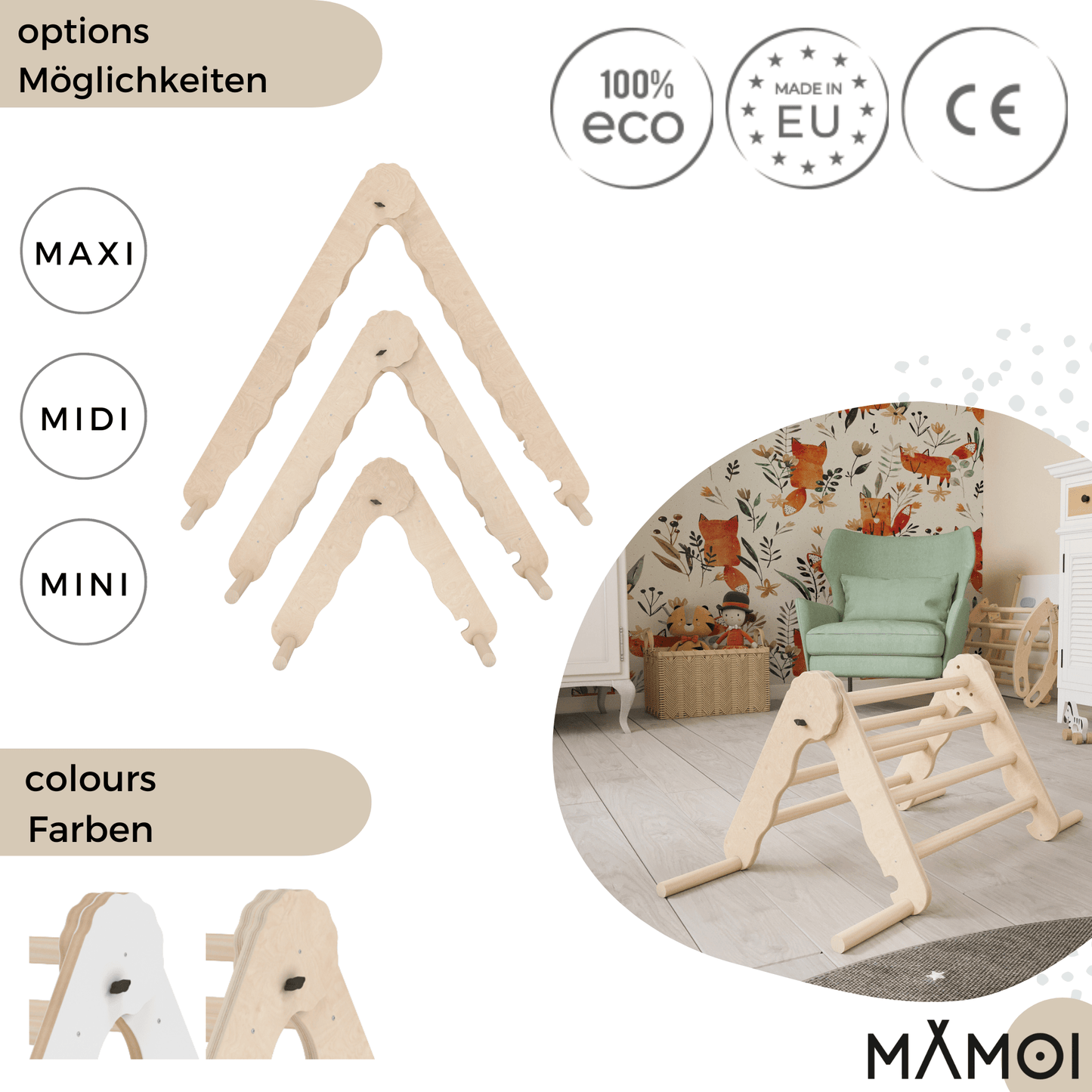 MAMOI® Indoor climbing triangle for kids, Baby climbing frame, Wooden toddler gym for children outside and outdoor, Frames montessori toys for toddlers age 1-3-4