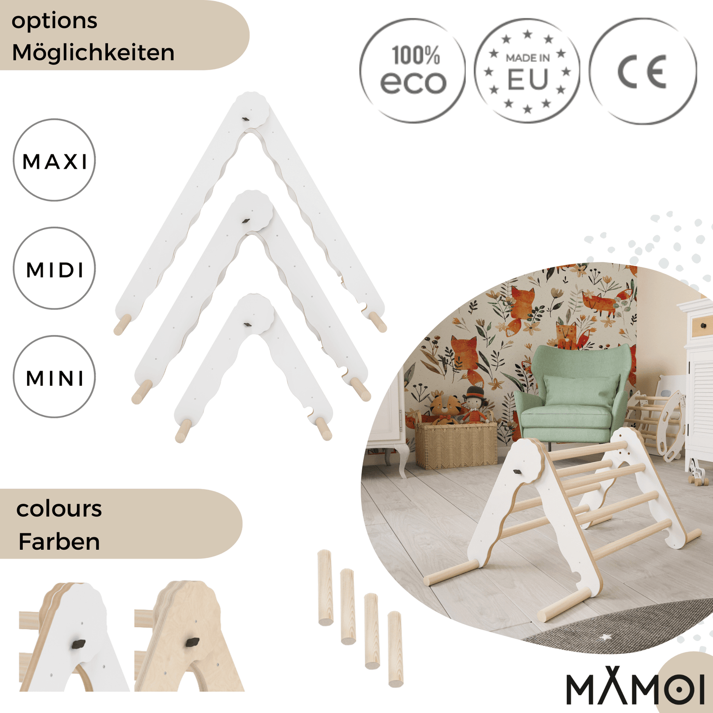 MAMOI® Modern climbing triangle | Kids climbing frame minimalist design | Yarnwood folding pikler triangle for baby 100% ECO | Made in EU-3