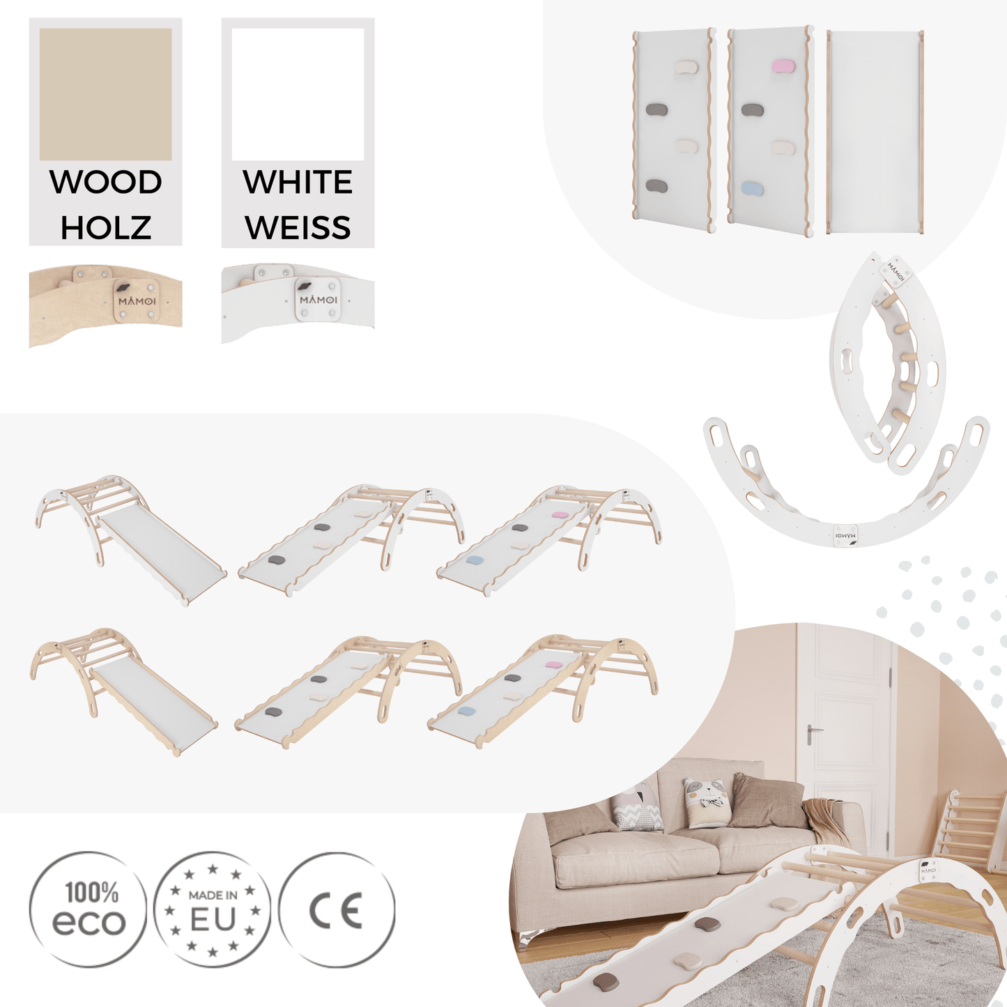 MAMOI® Indoor climbing frame for toddlers, Wooden baby gym with slide, Play gym rocker toys made of wood for toddler, Rockers montessori climbing frame age 1-3-5