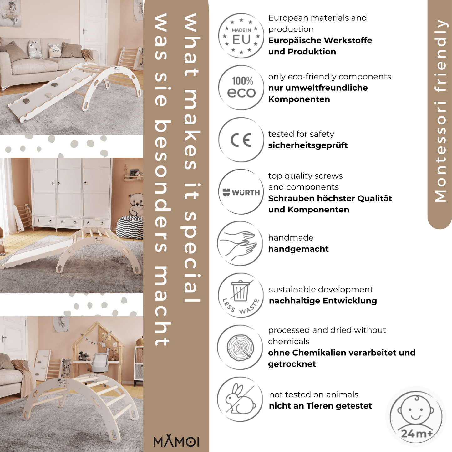 MAMOI® Indoor climbing frame for toddlers, Wooden baby gym with slide, Play gym rocker toys made of wood for toddler, Rockers montessori climbing frame age 1-3-4