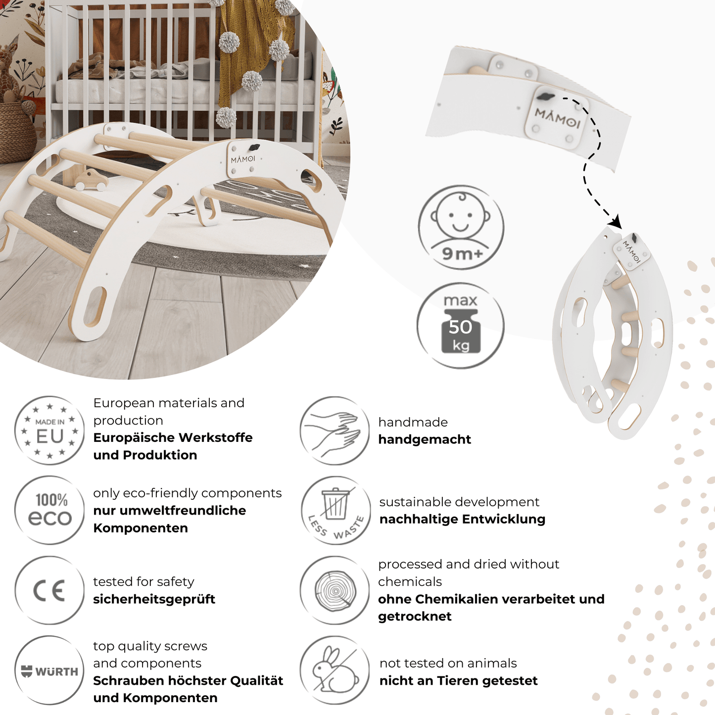 MAMOI® Indoor climbing frame for toddlers, Wooden baby gym, Play gym rocker toys made of wood for toddler, Rockers montessori climbing frame age 1-3-3