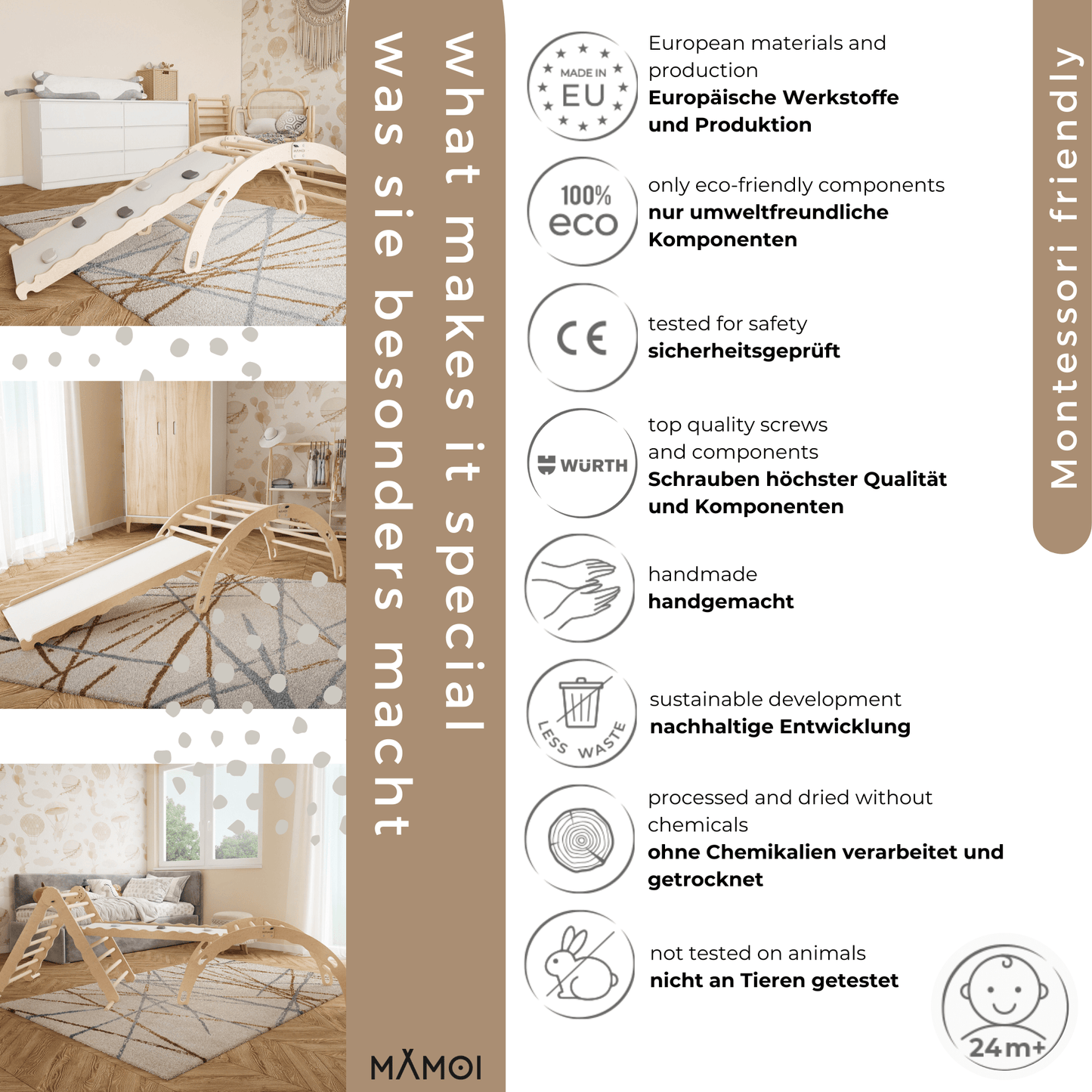 MAMOI® Indoor climbing frame for toddlers, Wooden baby gym with slide, Play gym rocker toys made of wood for toddler, Rockers montessori climbing frame age 1-3-5