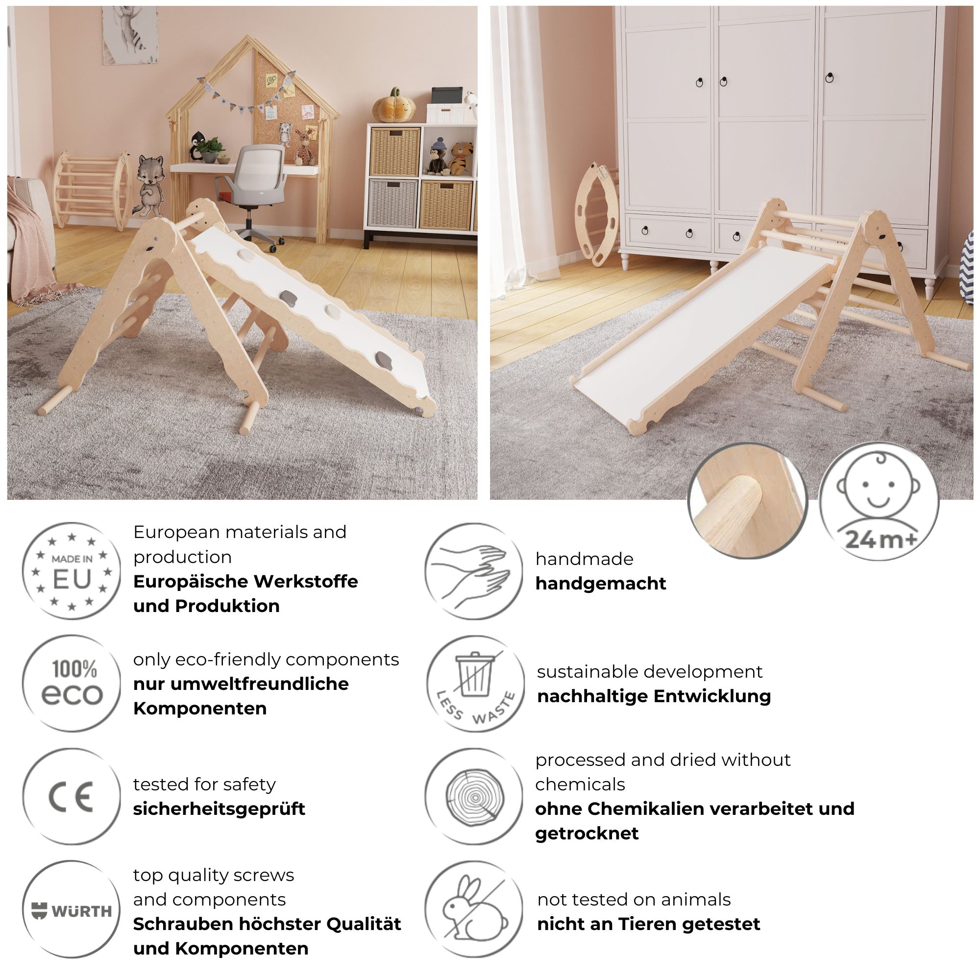 MAMOI® Indoor climbing triangle with slide for kids, Baby climbing frame, Wooden toddler gym for children outside and outdoor, Frames and slides, montessori toys for toddlers age 1-3-5