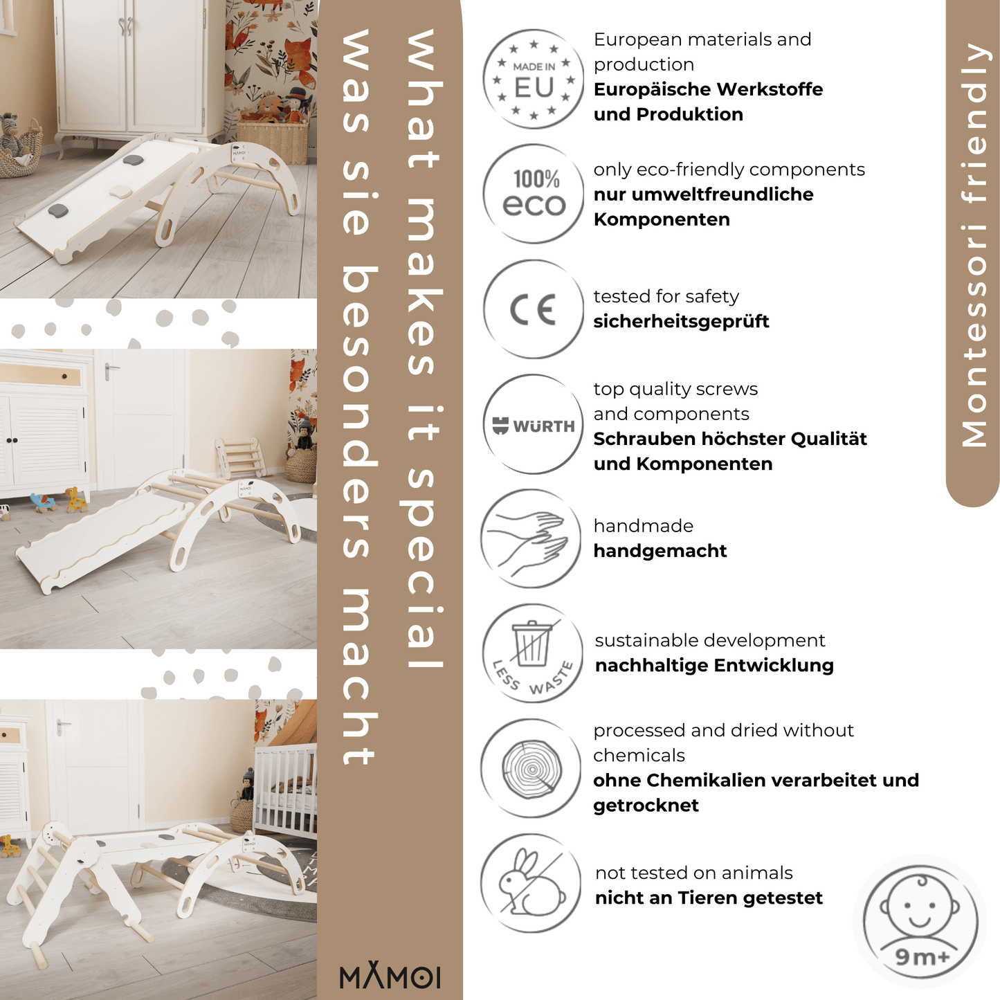 MAMOI® Indoor climbing frame for toddlers, Wooden baby gym with slide, Play gym rocker toys made of wood for toddler, Rockers montessori climbing frame age 1-3-4