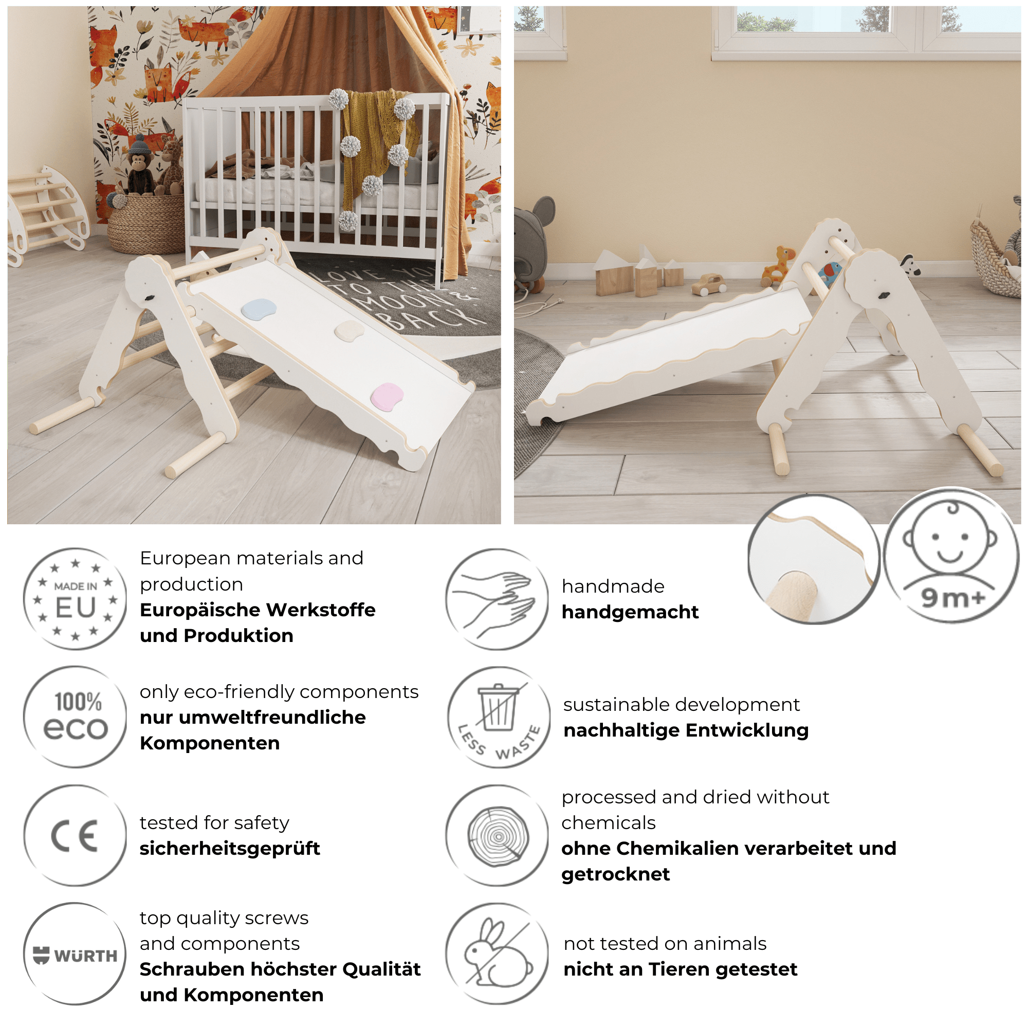 MAMOI® Indoor climbing triangle with slide for kids, Baby climbing frame, Wooden toddler gym for children outside and outdoor, Frames and slides, montessori toys for toddlers age 1-3-4