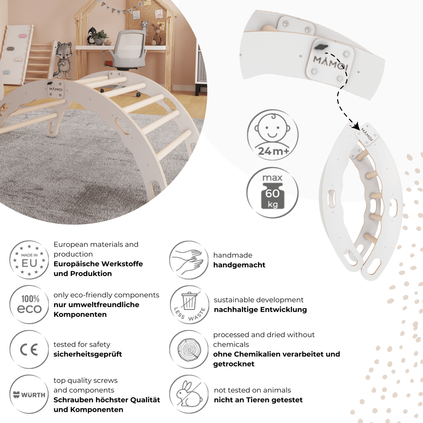 MAMOI® Indoor climbing frame for toddlers, Wooden baby gym, Play gym rocker toys made of wood for toddler, Rockers montessori climbing frame age 1-3-4