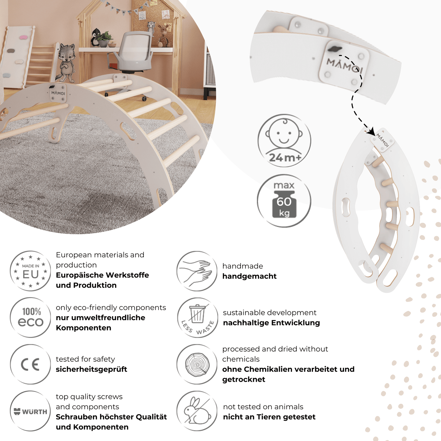 MAMOI® Indoor climbing frame for toddlers, Wooden baby gym, Play gym rocker toys made of wood for toddler, Rockers montessori climbing frame age 1-3-3