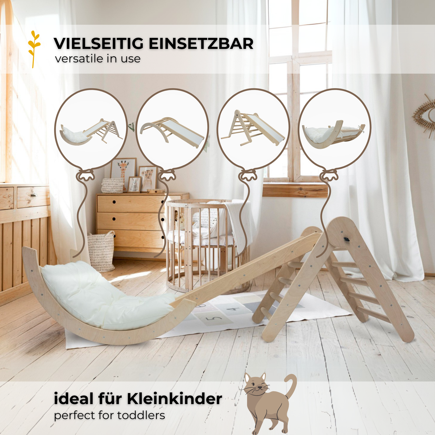 MAMOI® Climbing Frame Climbing Triangle Indoor 4 in 1 SET. Montessori climbing arch with cushions, indoor playground 1-3 years and slide for children.-2