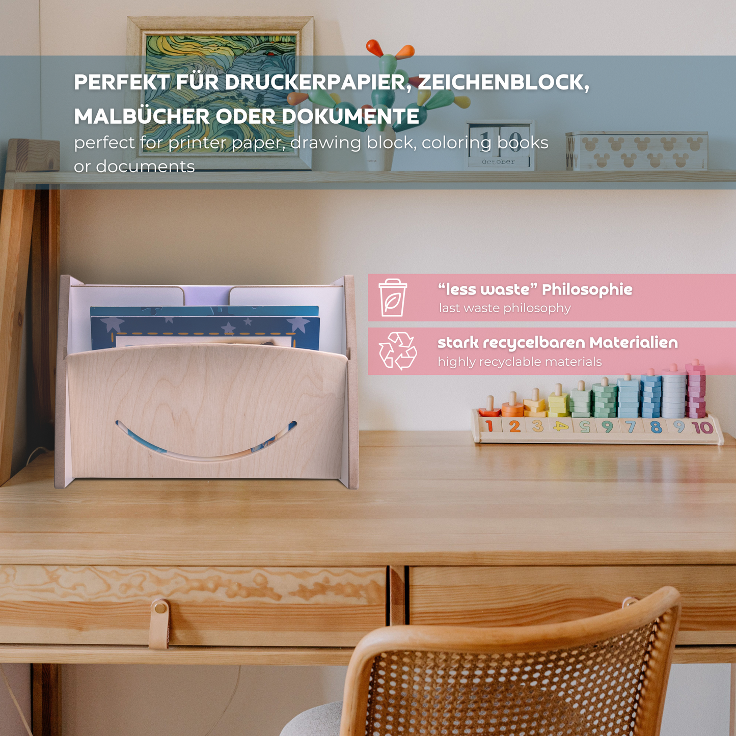 MAMOI® Wooden Paper Organizer A4 – Wall-Mounted or Desktop Use | Paper Holder for Kids, Office & School | Sustainable Document Tray for Printer Paper, Drawing Paper & Notes-5