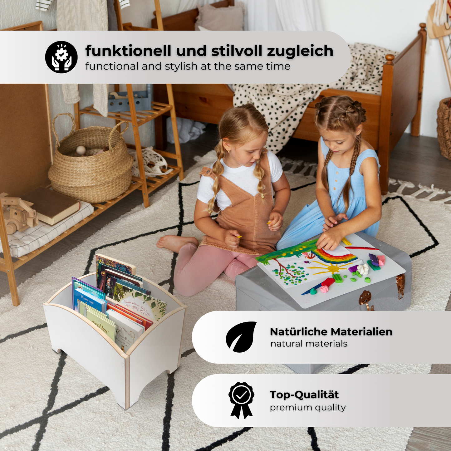 MAMOI® Bookshelf for children, book shelf, wall shelf children's shelf, book box for children's room, book shelf children's bookshelf, book bench wood, play box white-4