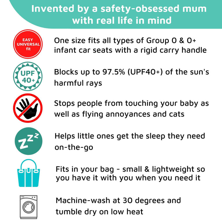 SnoozeShade for Infant Car Seats Deluxe (0–9 months) | Sun and sleep shade for Group 0 and 0+ car seats | Blocks up to 97.5% of UV