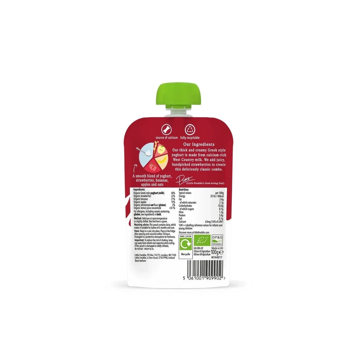 Little Freddie Organic Strawberry & Banana Greek Style Yoghurt Baby Food Pouch 6+ months 90g