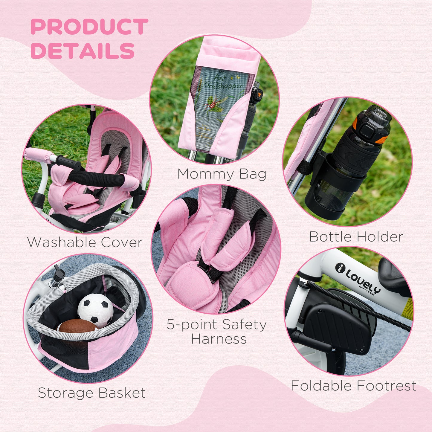 4 in 1 Kids Trike Push Bike w/ Push Handle, Canopy, 5-point Safety Belt, Storage, Footrest, Brake, for 1-5 Years, Pink | HOMCOM-5