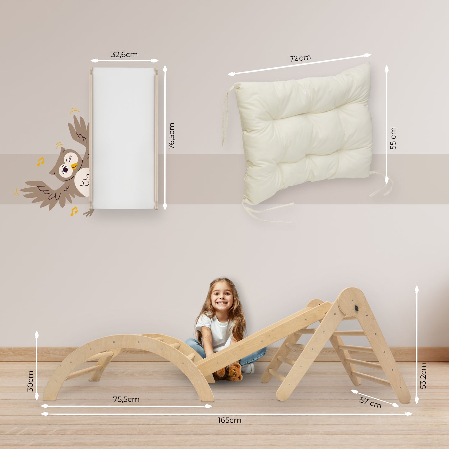 MAMOI® Climbing Frame Climbing Triangle Indoor 4 in 1 SET. Montessori climbing arch with cushions, indoor playground 1-3 years and slide for children.-5