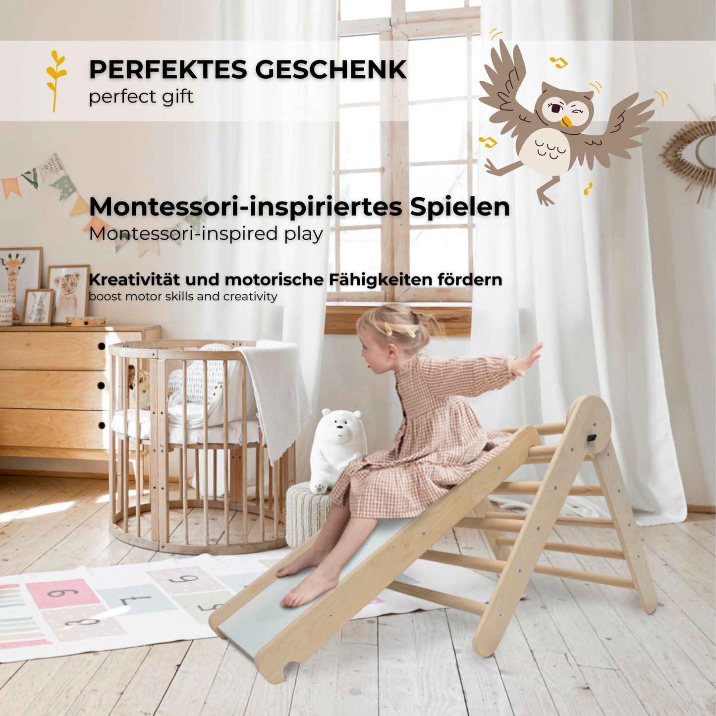 MAMOI® Climbing Frame Climbing Triangle Indoor 4 in 1 SET. Montessori climbing arch with cushions, indoor playground 1-3 years and slide for children.-4